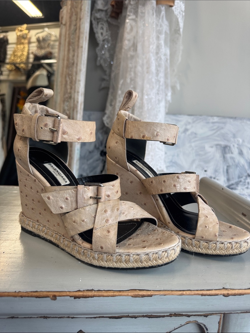 Balenciaga Beige Ostrich-Textured Espadrille Wedge Sandals